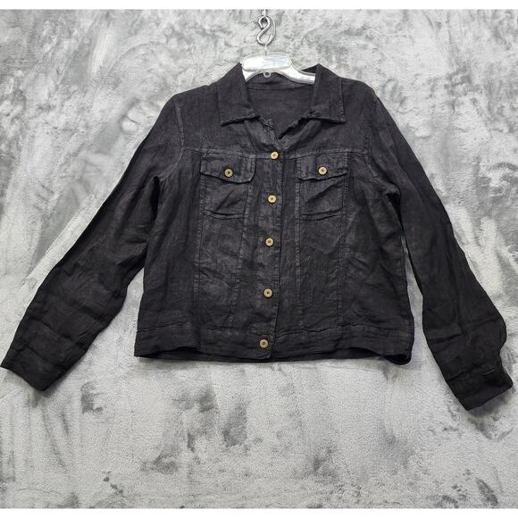 Italian Linen Jacket Womens S Black Long Sleeve Button Front Lightweight Trucker - Picture 1 of 10